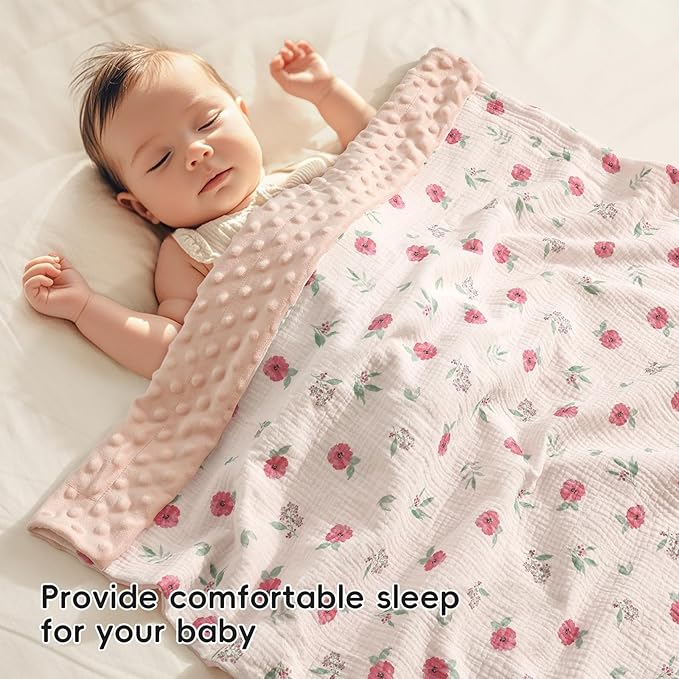 david's kids Muslin Minky Baby Blanket for Girls with Muslin Cotton Front and Dotted Fleece Backing, Breathable and Soft Lightweight Receiving Blanket for Newborns, 40x50 Inches, Pink Floral