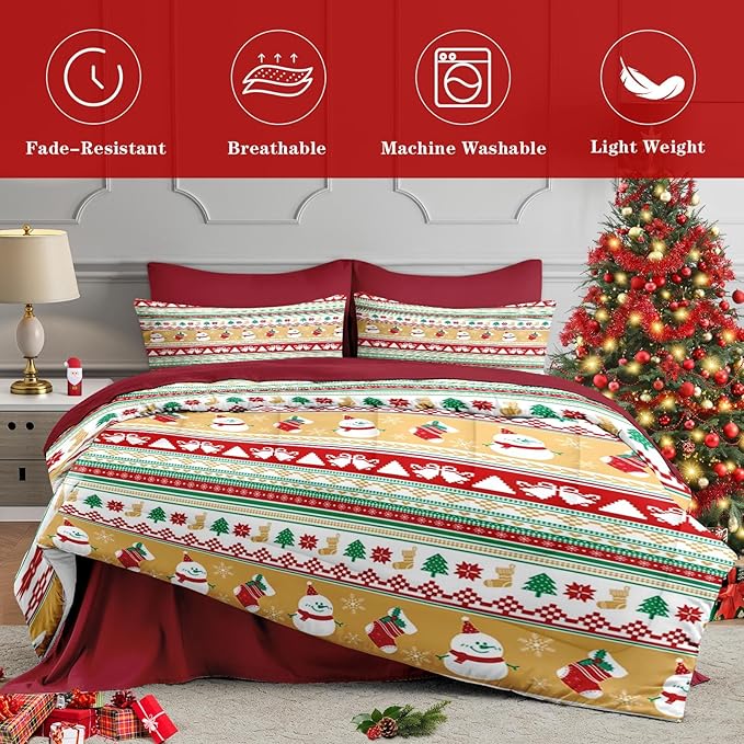 7 Pcs Full Size Christmas Comforter Set with 2 Pillowcases & 2 Shams, Cute Snowman Bedding for Kids and Adults, Snowflake Xmas Socks Bed in a Bag with Flat Fitted Sheet
