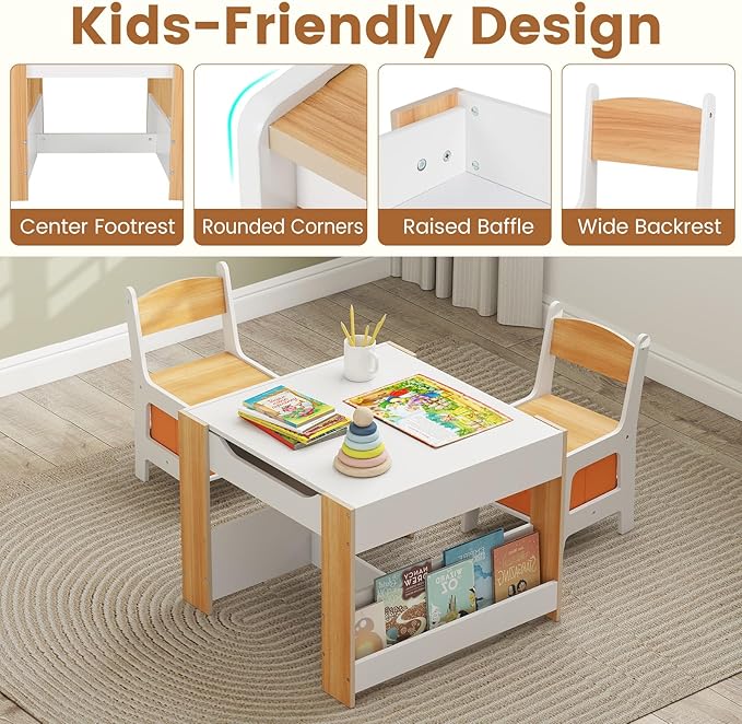 INFANS Kids Table and Chair Set, 4 in 1 Building Block Wooden Activity Desk with Reversible Tabletop Storage Drawers Bookshelves for Toddlers Art Craft Learning Reading Drawing Playroom (Natural)