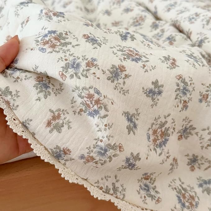 BuLuTu Cottagecore Floral Toddler Bed Blanket Muslin Cotton Quilt, Vintage Princess Girls Comforter, Lace Edged Farmhouse Bedding Kids Room Nursery Decor, 60"x78", Balloon Flower Print