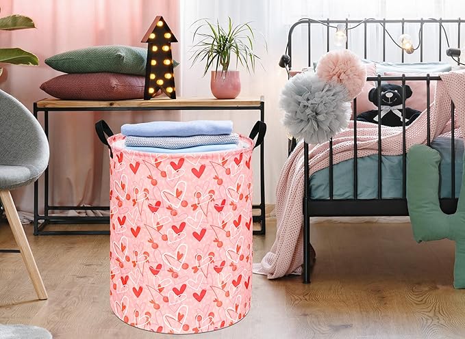KUNRO Round Valentine's Laundry Gift Basket Storage Hamper, Kids Toys and Clothes Storage Organizer Bins, Toy Shelf Basket with Handles for Room Decor