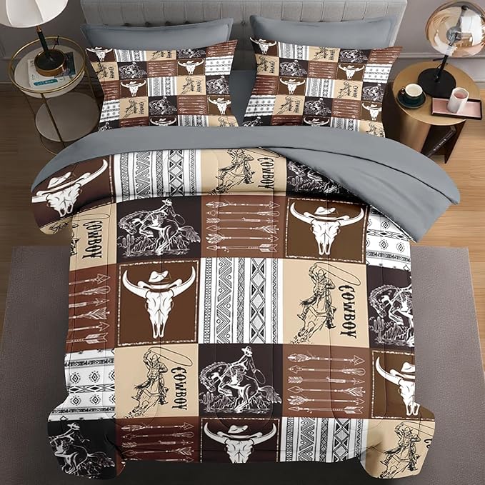 5 Pcs Twin Size Comforter Set with Pillowcase & Sham, Cowboy Vintage Brown Bedding for Kids and Adults, Western Bed in a Bag with Flat Fitted Sheet