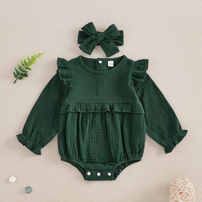 Newborn Infant Baby Girl Clothes Cotton Linen Long Sleeve Smocked Bubble Romper Ruffle Bodysuit Jumpsuit Fall Outfit