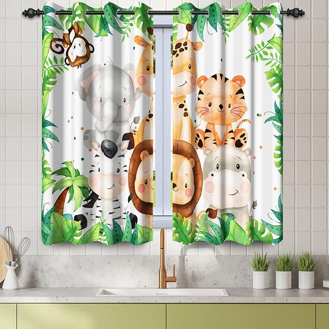 Renaiss 42 x 45 Inch Safari Animal Curtains for Kids Tropical Rainforest Lions Tigers Elephants Giraffes African Jungle Tree Green Leaf Print Window Drapes for Nursery Baby Bedroom Playroom 2 Panels