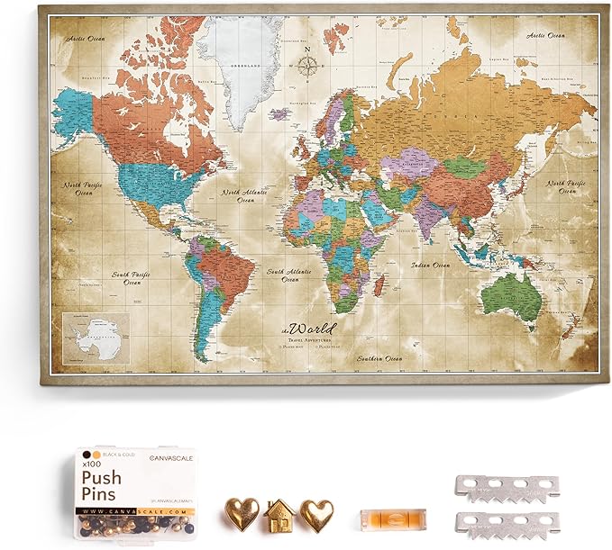 Canvas World Map with Cork Pin Board - English Lettering - Decorative Wall Decoration for All Rooms - Canvas Pictures with World Map Motif (120x80 cm, Pattern 3)