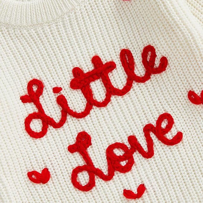 Lesimsam Newborn Baby Boy Girl Valentines Day Outfit Oversized Embroidery Long Sleeve Knit Sweater Bubble Romper Bodysuit
