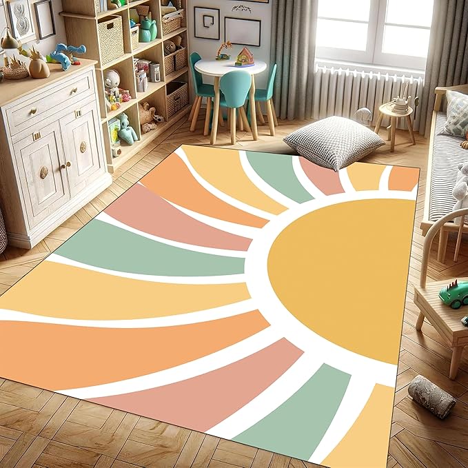 Machine Washable Rainbow Rugs Bedroom Fluffy Plush Soft Area Rugs Rainbow Sunshine Sun Print Living Room Non-Slip Indoor Flooring Kids Girls Boys Home Decor Aesthetics 2x4ft