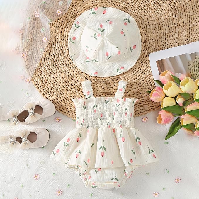 Mubineo Baby Girl Clothes Summer Dress Cotton Linen Romper Sleeveless Smocked Rompers Sun Dress Hat Skirt Boho Outfits