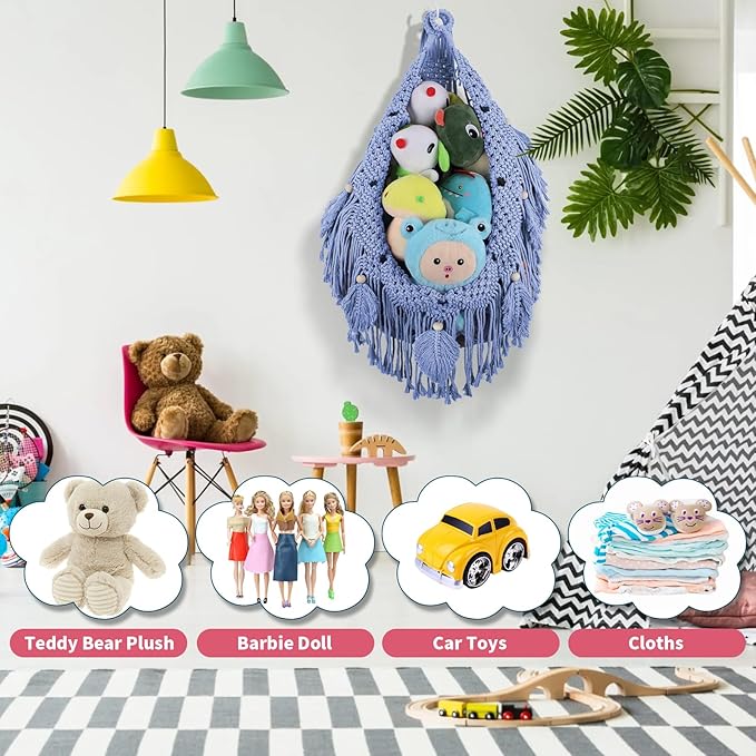 Stuffed Animal Hammock Corner, 56'' Jumbo Boho Macrame Leaf Wall Hanging Toy Hammock Net Organizer for Stuffy Plushie, Cornflower Blue Stuffed Animal Net w/Star Light for Kid Girls Boys Gift