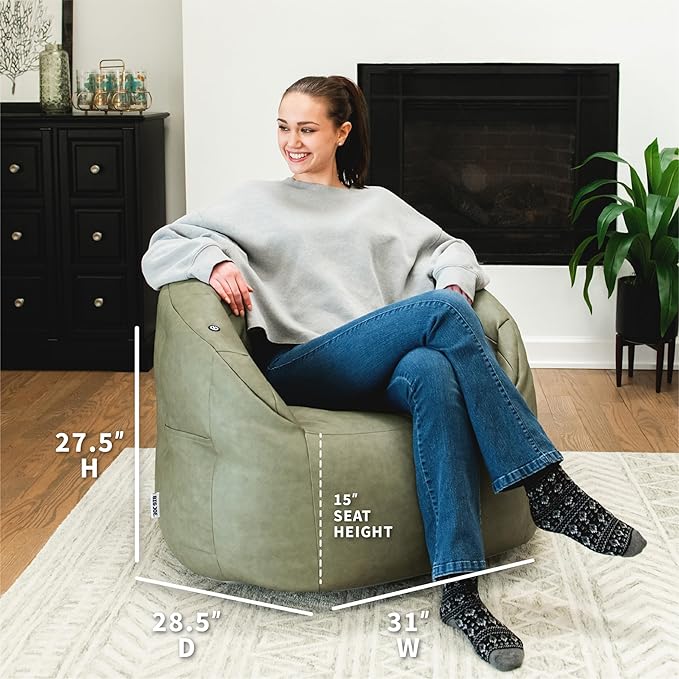 Big Joe Milano w/Vibe Vibrating Massage Bean Bag Chair for Kids, Teens, Adults, Olive Green, Vegan Leather, Lightweight Seat for Reading Nook and Gaming 2.5 Foot Refillable