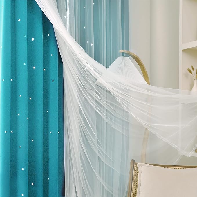 Kinryb Kids Blackout Curtains for Bedroom/Living Room/Classroom, Sheer Overlay Small 2 Panel Set, Double Layer Curtains with Star Cutout for Kids Room(W 52 x L 45 Inches,Sky Blue 2 Pcs)