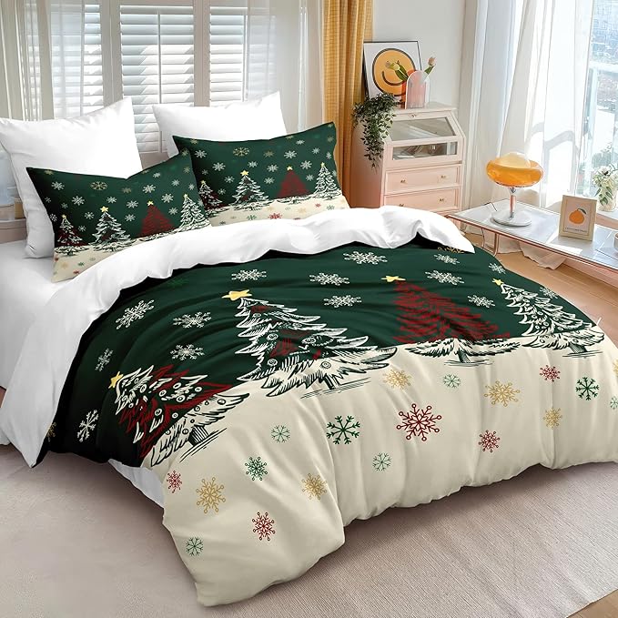 Christmas Duvet Cover Queen Size Green Christmas Tree Bedding Set 3 Pcs Kids Boys Girls Xmas Holiday Cartoon Snowflake Comforter Cover with Zipper Closure (No Comforter)