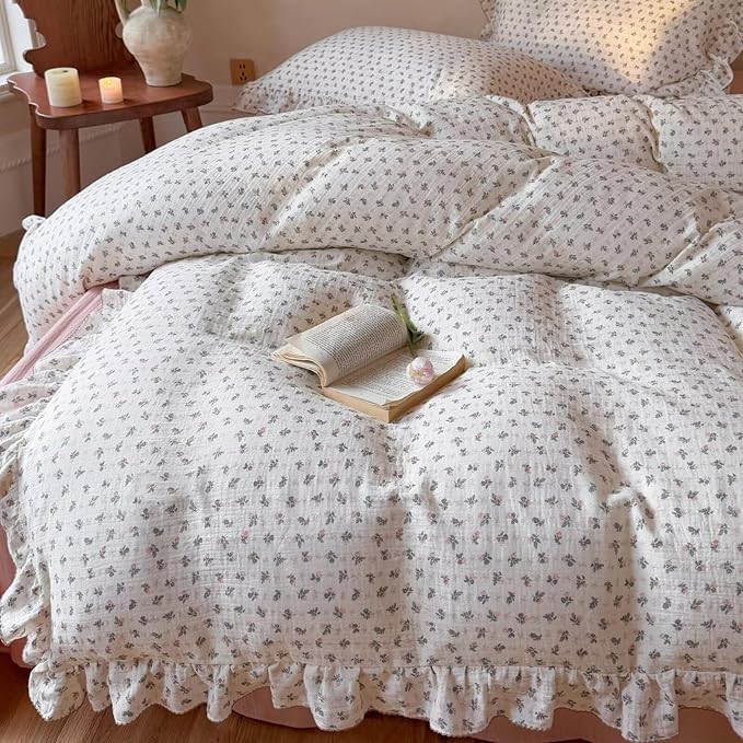 BuLuTu Vintage Bellflower Print Duvet Cover for King Bed, Soft Lightweight Muslin Cotton Bedding Quilt Cover 90"x104", Floral Ruffled Comforter Cover Zipper Closure, 4 Ties, No Pillow