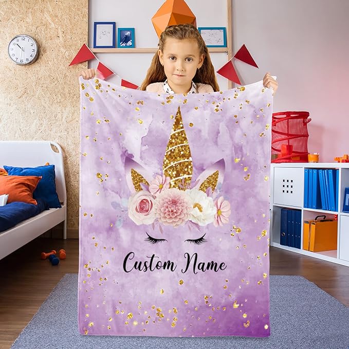 Custom Horse Blanket with Name for Girl, Personalized Name Blanket for Kids, Soft Flannel Purple Toddler Blanket Customized Gift for Birthday Christmas Baby Shower Children Day 40x50in