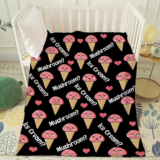 Thuswarm Mushroom Or Ice Cream Flannel Throw Blanket Warm Cozy Soft Funny Print Blankets for Bed Couch Sofa Room Decoration Gifts 60"×50" Medium for Teen