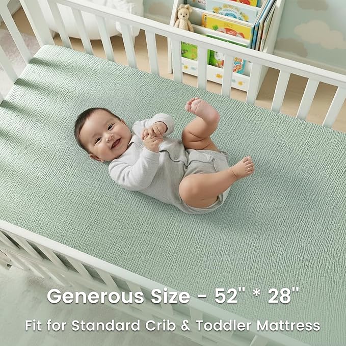 david's kids Muslin Crib Sheets for Boys Girls, 2 Pack 100% Cotton Soft Breathable Fitted Baby Neutral Sheet Set, Standard 52"x28" Crib and Toddler Mattress, Oat Milk & Sage Green