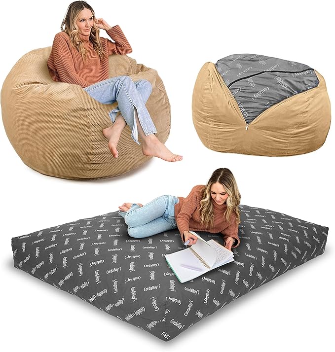 CordaRoy's Chenille Bean Bag-Convertible Bean Bag Chair-Machine-Washable Chenille Fabric Cover-for Basement,Living Room,Game Room,Dorm & More - Full Size - Tan | Made in The USA