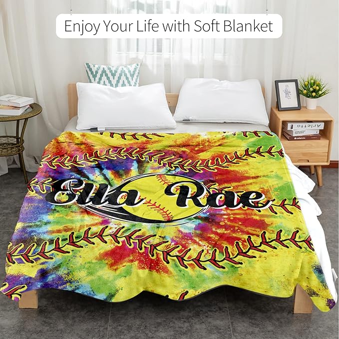 Personalized Softball Kids Blanket with Name and Number - Custom Sport Bed Blankets Gift for 0-3 Months Baby Essential - Super Warm and Comfortable 40x50inch