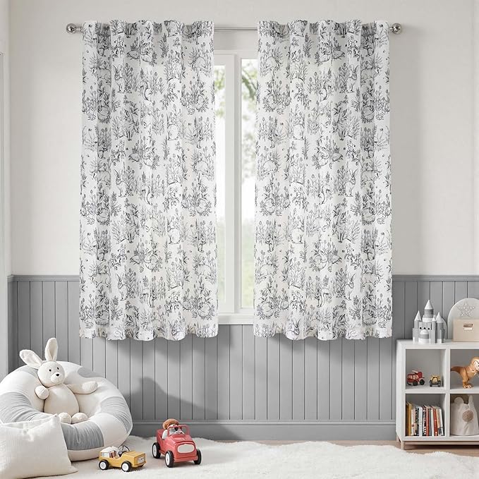 jinchan Linen Nursery Curtains 63 inch Long Woodland Wildlife Black Print Drapes for Kid's Room Light Filtering French Country Farmhouse Curtains with Bunny and Forest Design Set of 2 Panels