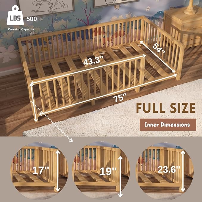 Montessori Floor Bed with Slats for Toddler 54.3'' x 75.2'' Full Size | Pine Wood Natural Solid Frame Bed | Sturdy Design Floor Bed Frame for Boy and Girls (Full, Height : 19 Inches)