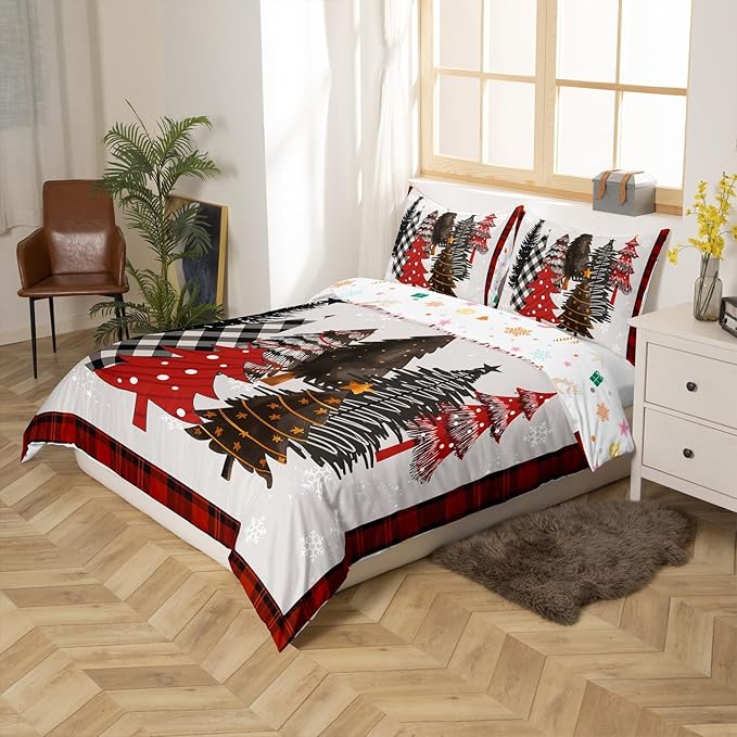 Merry Christmas Duvet Cover Set Twin Size,Xmas Tree Winter Snowflake Cabin Rustic Bedding Set,Boys Girls Room Decor,Geometric Grids Patch Comforter Cover,Grey Quilt Cover,1 Pillowcase,No Comforter