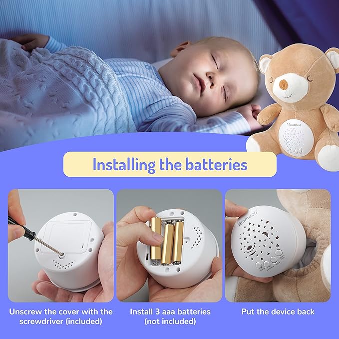 Teddy Bear Baby Soother - Sleep Soothing White Noise, Portable Night Light Projector and Melodies, Toddler Crib Lullaby Machine Sleeping Aid for Newborns and Up, Babies Stuffed Animal Plush Toy