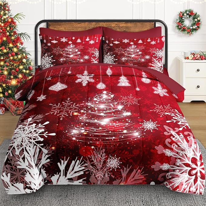 7 Pcs Full Size Christmas Comforter Set with 2 Pillowcases & 2 Shams, Red Glitter Xmas Tree Bedding for Kids and Adults, White Elegant Snowflake Bed in a Bag with Flat Fitted Sheet