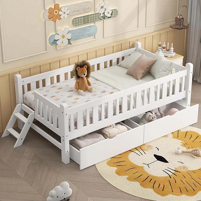 Twin Size Platform Bed with Guardrail and 2 Drawers, Wood Kids Platform Bed Frame with Two-Step Ladder for Boys Girls, Sturdy Slats Support (White-1.26)