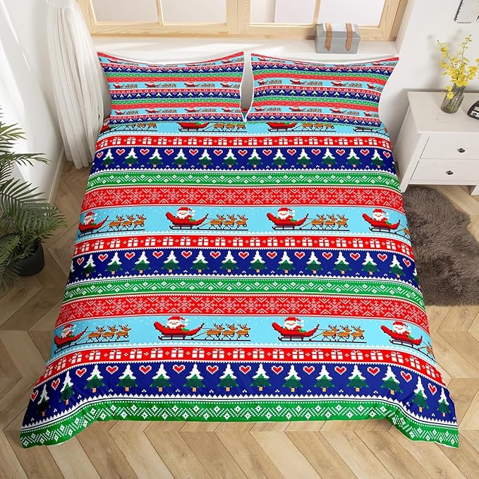 Christmas Duvet Cover Cartoon Santa Claus Deer Bedding Set for Kids Boys Girls Teens Room Decor Christmas Tree Comforter Cover Set Exotic Ethnic Pattern Bedspread Cover 2Pcs Zipper Toddler Size
