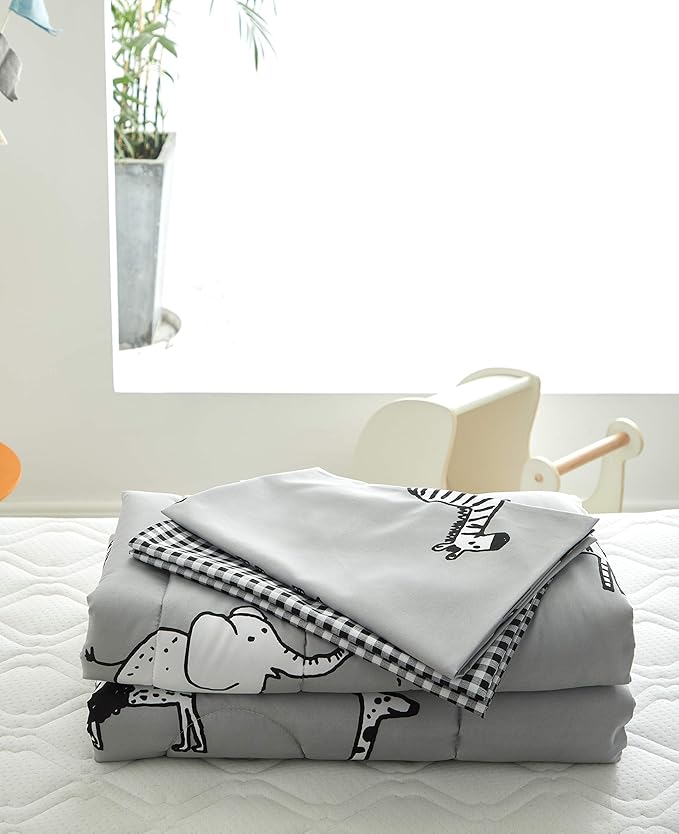 Flysheep 4 Piece Gray Grey Toddler Bedding Set with Multi Animals Printed for Baby Boys - Includes Quilted Comforter, Flat Sheet, Fitted Sheet & Pillow Case, Soft & Comfortable Microfiber