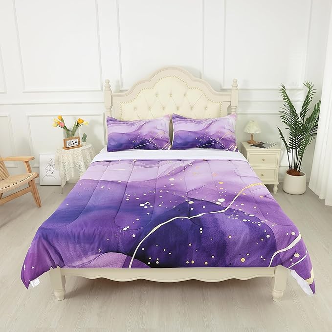 Purple Comforter Set King: Light Purple Marble Bedding Sets Abstract Artwork Gold Glitter Marbling Quilts Watercolor Aesthetic Bed Set for Women Adults Home Decor 3 Piece