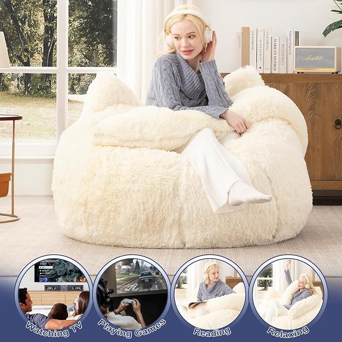 Bean Bag Chair for Adults Teens Giant Faux Fur Bean Bag Chairs with Filler Fluffy Plush Cat Shaped Beanbag Couch Comfy Accent Floor Sofa for Gaming, Reading in Living Room, Bedroom, Dorm