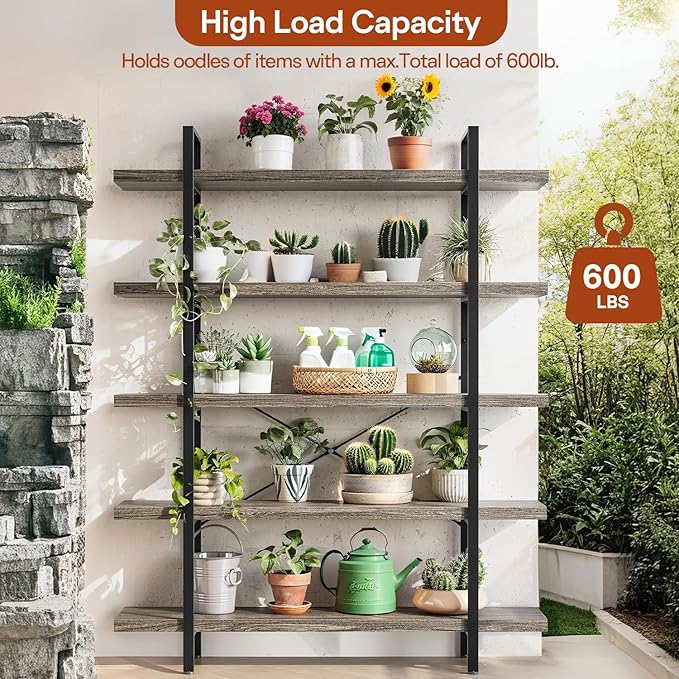 Bookcase, 47 Inch Wide Wood Bookshelf, 120lbs Shelf Capacity Estante, Rustic Open Shelving Industrial Display with Reinforced Horizontal Shelves for Living Room Bedroom Office (5 Tier - Grey)