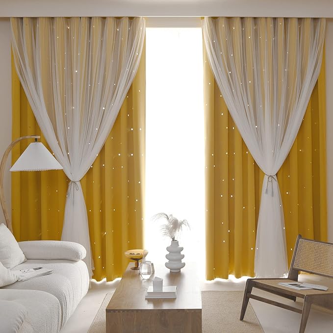 Kinryb Blackout Curtains for Girl Bedroom/Living Room/Classroom, Sheer Overlay 63 Inches 2 Panel Set, Double Layer Curtains with Star Cutout for Kids Room(W 52 x L 63 Inches,Yellow 2 Pcs)