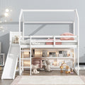 Playful Twin Size Wood House Loft Bed with Slide and Climbing Ramp, Multiple-Function Low Loft Bed Frame with Storage Shelves and Light for Kids Teens Boys Girls Bedroom (White-C)