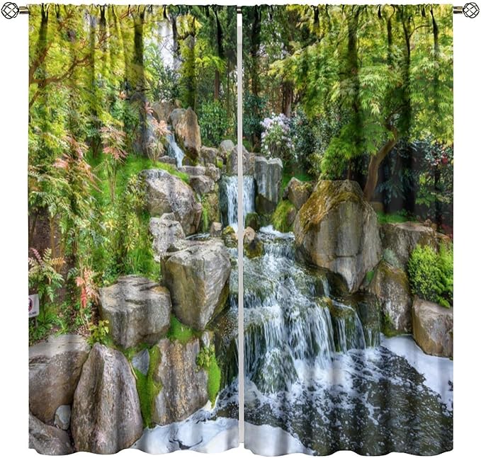 Forest Waterfall Blackout Curtains, Natural Landscape Forest Trees Waterfall Scenery PrintWindow Drapes, for Living Room Bedroom 63" W X 72" L