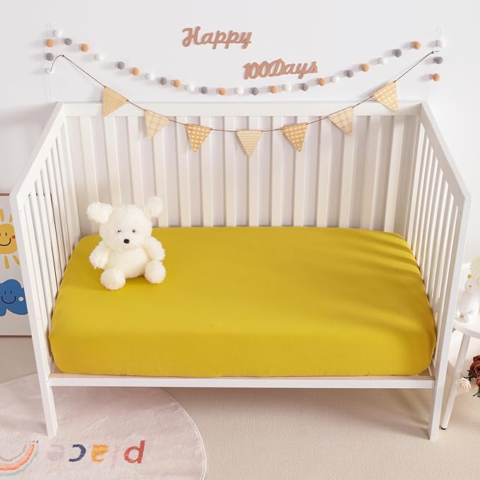 NTBAY 2 Pack Muslin Cotton Crib Sheets, Soft and Breathable Double Layer 28x52 Baby Crib Sheets for Standard Crib and Toddler Mattresses, Boys, Girls, Unisex, Ginger Yellow, 28x52 Inches