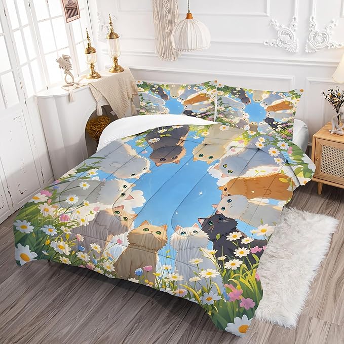 Cat Comforter Set Twin: Cute Floral Cats Bedding Set Blue Sky Daisy Kitten Quilt for Girls Kids Teens Toddler Kawaii Flowers Feline Bed Sets 1 Comforter & 1 Pillowcase