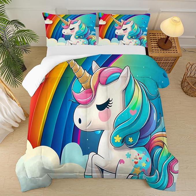Unicorn Bedding Twin Size Rainbow Unicorn Comforter Set for Girls Kids Children Boys Bedroom Cartoon Light Blue Unicorn Quilt 1 Comforter + 1 Pillowcase
