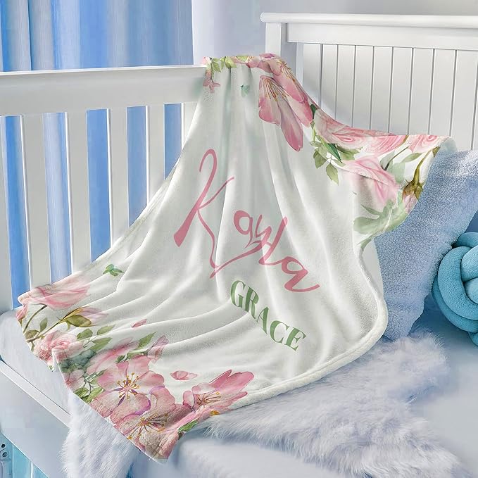 Ship Next Day, Personalized Baby Blankets for Girls, Custom Kids Blanket with Name Flowers, Receiving Blankets for Newborn Girl Gifts Swaddle, Customized Baby Shower Birthday