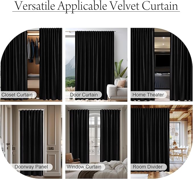 StangH Black Velvet Theater Curtains Extra Wide Blackout Window Drapes for Sliding Glass Door, Halloween Backdrop Curtains for Living Dining Room/Sitting Area, W100 x L108, 1 Panel