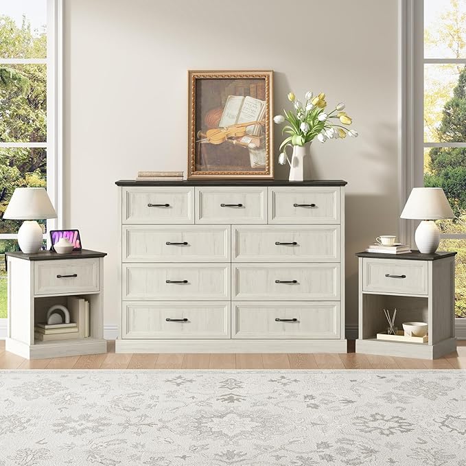 CARPETNAL Farmhouse Dresser and Nightstand Sets for Bedroom, 3 Pcs Bedroom Set, 9 Drawer Dresser & Nightstand Set of 2, Modern Wood Chest of Drawers for Bedroom, Living Room, Entryway, White
