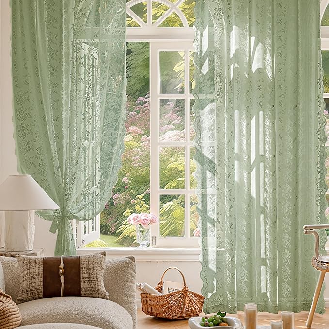 Anmao Vintage Lace Kitchen Curtains 18 Inches Long 2 Panels, Romantic Semi Sheer Floral Over Sink Lacy Cafe Curtain, Elegant Window Short Small Drapes, 55W x 18L, Sage Green