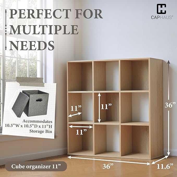 CAPHAUS 11-Inch Cube Storage Organizer Shelf, Home Storage Shelf Divider w/Back, 9-Cube Storage Bookcase, Natural Oak