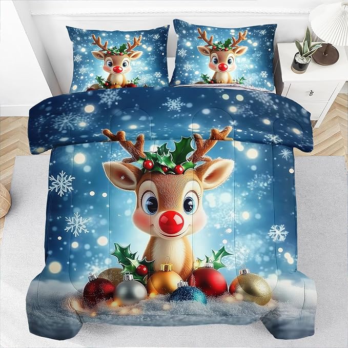 Raphus cucullatus Christmas Bedding Full,Reindeer Christmas Decor Comforter Set,Holiday Bedding Winter Quilt,Snowflake Navidad Comforter Set Full,Cute red Nose Reindeer Quilt