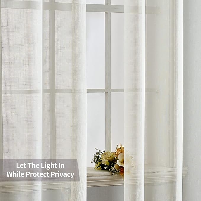 MIULEE 2 Panels Natural Linen Semi Sheer Window Curtains - Elegant Solid Ivory Drapes with Grommet Top - Voile Panels for Bedroom & Living Room (52X96 Inch)