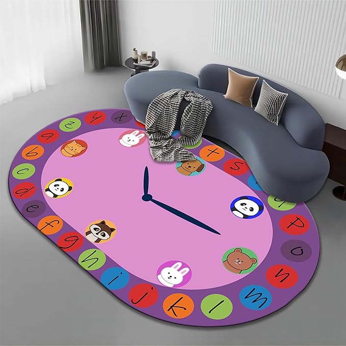 Children's Area Rugs, 5x6ft, Alphabet Animal Early Learning Oval Rug, Cartoon Animal Pointer Print Playmat, Non-Slip Washable Purple Floor Carpet for Kids Room Classroom Nursery