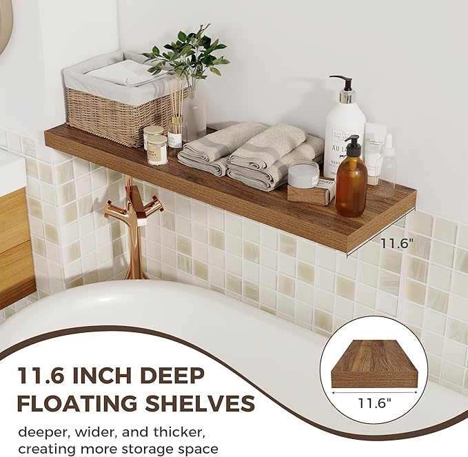 Fun Memories 12 Deep Floating Shelves, 40W x 12D Floating Shelves for Wall Set of 2, Extra Deeper Hanging Wood Shelves for Wall for Living Room Kitchen Laundry Room Kitchen Home Office - Walnut