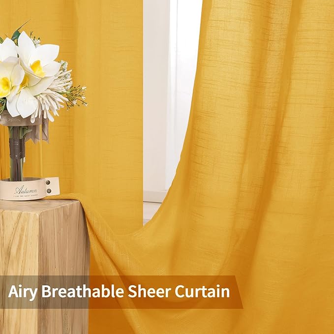 MIULEE 2 Panels Natural Linen Sheer Window Curtains Elegant Mustard Yellow Fall Drapes Grommet Top Window Voile Panels Linen Textured Panels for Bedroom Living Room (52X90 Inch)