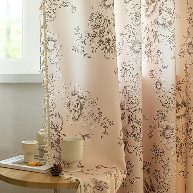 ENJOYBRIDAL Floral Curtains 84 Inches Long 2 Panels Living Room Farmhouse Drapes Bedroom Boho Semi Sheer Flower Window Curtain Panels Floor Length Cute Rod Pocket Botanical Pattern Window Treatments